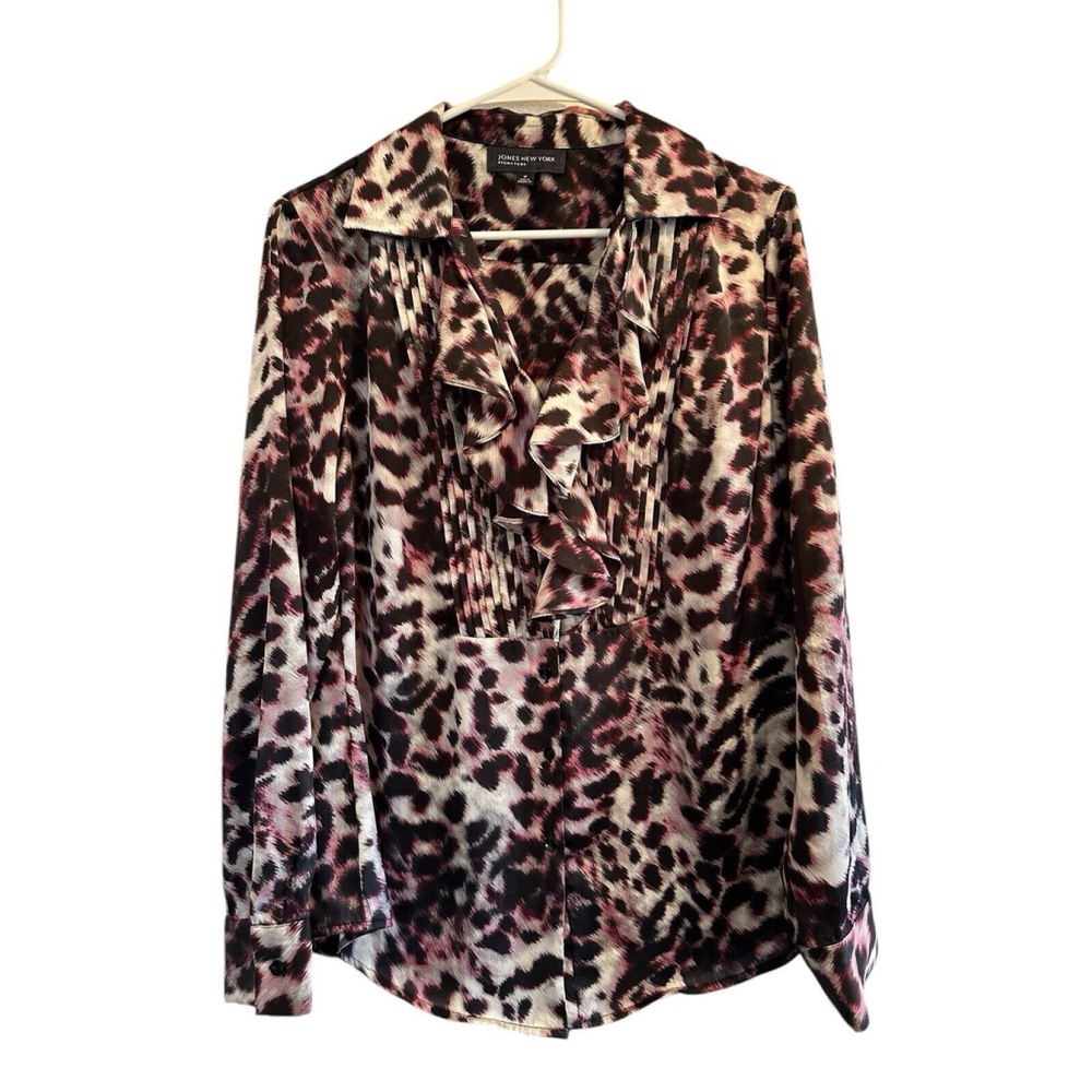 Jones New York Pleated Ruffle Animal Print Blouse Womens Medium Multicolor Butto